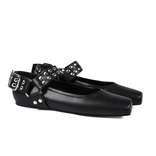 Mary Jane Flats for Women Square Toe Ballet Flats Studded Ankle Buckle Strap Comfortable Dressy Ballerina Shoes2