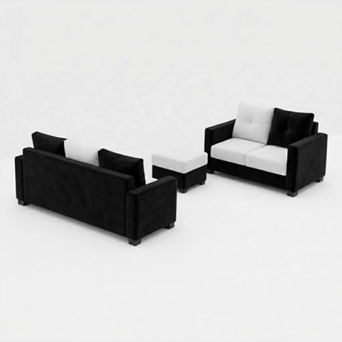Image of FURNY Amonster 3 Seater + 2 Seater Fabric Sofa Set with 1 Ottoman (Black - Light Gray) with Velvet Finish | Durable Comfort | Ideal for Living Room
