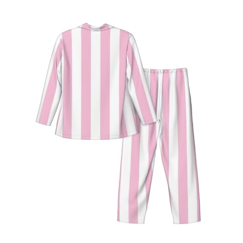 Pink And White Stripes Mens Pajamas Set Button Down Sleepwear Set Long Sleeve Loungewear With Pockets4