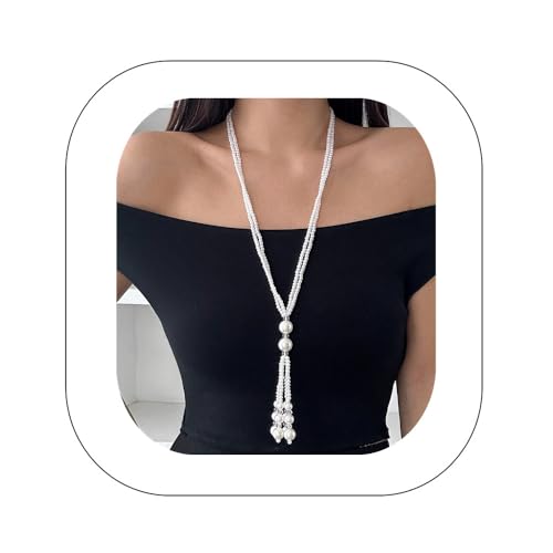 Vintage Pearl Necklace for Women Dainty Long Tassel Chain Faux Pearl Fringe 1920s Costume Jewelry Sweater Chain Y-shape