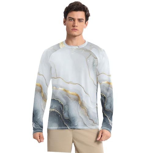 Marble Silver White Men's Rash Guard Shirts Breathable Round Neck Mens Sun Shirts Protection Long Sleeve Running