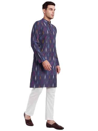 Image of SKAVIJ Men's Pure Cotton Printed Kurta Pajama Set Ikat Design Casual Ethnic Dress