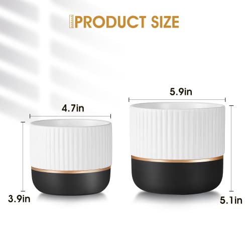 Hlfzptqkj Plant Pot,4.7In & 5.9In Ceramic Plant Pots With Drainage Holes,Indoor Planters For Plants,White Flower Pot With Black And Gold Details For Garden,2 Pack Garden Planters (Not Include Plants) #TOP3