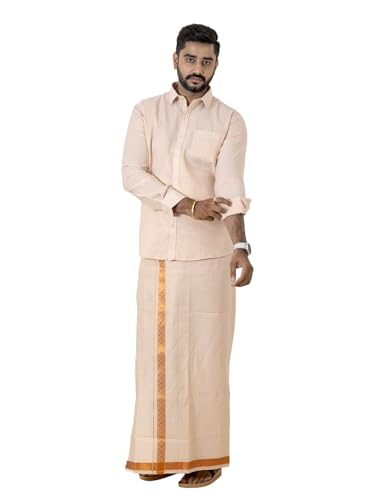 Image of RAMRAJ COTTON Men Gold Tissue Jacquard Full Sleeves Shirt with Matching Dhoti Set