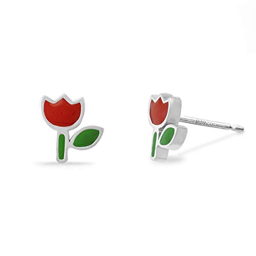Boma Jewelry Sterling Silver Red & Green Resin Flower Stud Earrings