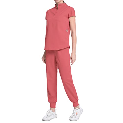 Women's Jogger Scrub Set with Pocket Medical Uniforms Include V-Neck Scrub Top and Pant Fitted Stretch Scrub Set-12 Color (Hot Coral,M,Medium)
