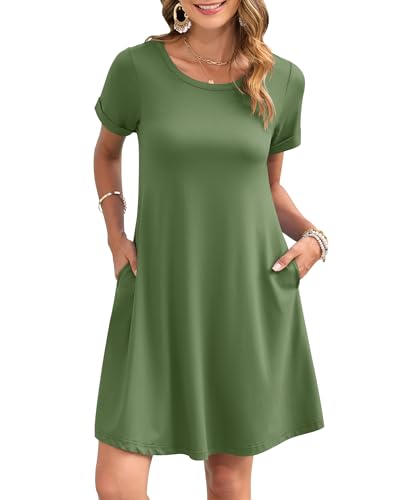 AUSELILY Women's Summer Casual Dresses 2025 Short Sleeve Swing Beach Floral T-Shirt Dress with Pockets Army Green M