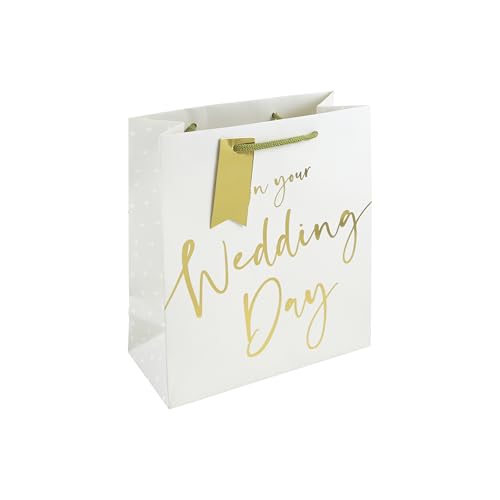 Eurowrap White Kraft Paper Wedding Gift Bag With Tag - White/Gold - Eco Friendly 100% Recyclable - Medium Size