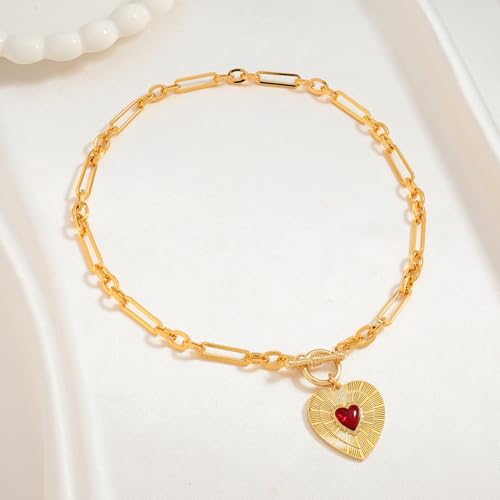 Gold Heart Necklace with Stone Sunburst Heart Pendant Vintage Gold Statement Necklace Chunky Necklace for Women Trendy2