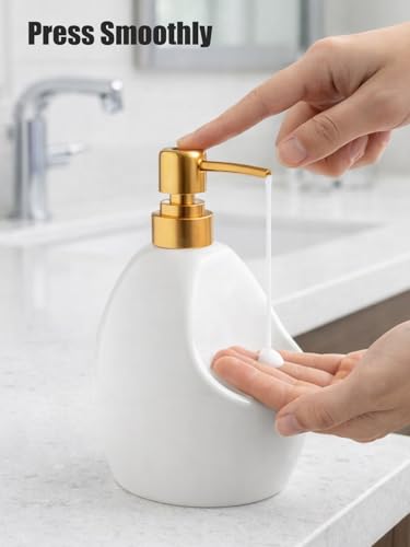 Image of Ceramic Soap Dispenser with Sponge Holder - White Refillable Dish Soap Dispenser for Kitchen Sink, 2-in-1 Sink Organizer with Pump Bottle & Tray - Modern Farmhouse Countertop Accessory