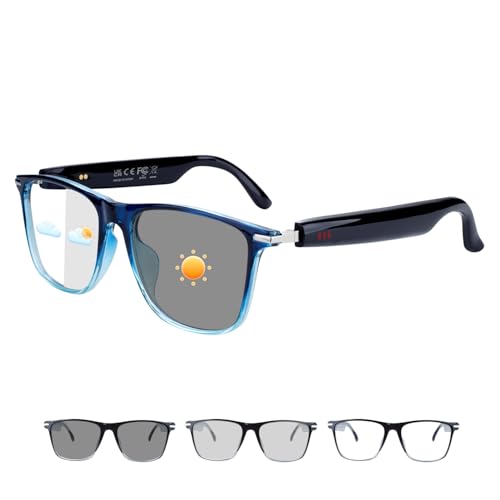 Image of GenXenon Bluetooth Smart Glasses for Men & Women, Blue Light Blocking & Photochromic Glasses with Speaker, Hand-Free Call /Music Sunglasses, IPX5 Waterproof, Audio Eyeglasses for Travel /Working-Blue