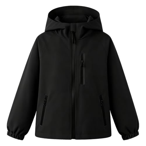 Baogaier Jungen Mädchen Wasserdichte Jacke Unisex Atmungsaktiv Leicht Kapuze Übergangsjacke Frühling Herbst Outdoorjacke mit Reflektoren Windjacke Einfarbige Regenmantel 10-11 Jahre Schwarz
