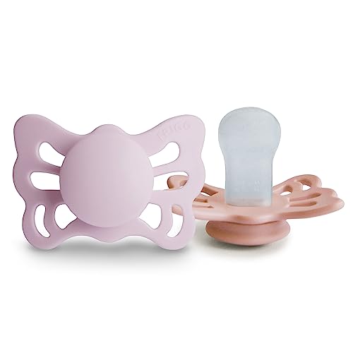 Image of FRIGG Butterfly Anatomical SilkySoft Silicone Baby Pacifier | Made in Denmark | BPA-Free (Soft Lilac/Pretty in Peach, 0-6 Months)