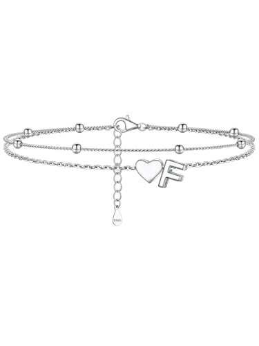 Image of PROSILVER Ankle Bracelets for Women S925 Sterling Silver Anklets for Women Waterproof, Dainty Layered Heart Anklet, Beach Initial Anklet for Summer, Letter A-Z