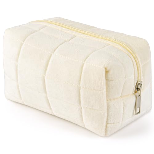 Aucuu Bolsa de Maquillaje de Felpa, Neceser de Viaje para Mujers, Bolsa de Aseo Portátil de Gran Capacidad, Bolsa de Almacenamiento de Brochas de Maquillaje, para Mujeres y Niñas - Blanco