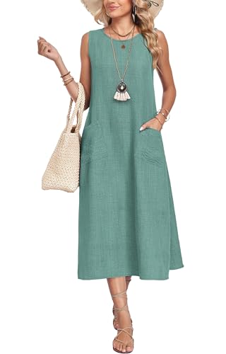MOLERANI Women Midi Dresses Summer Beach Casual Dress with Pockets 2026 - Crewneck,Sleeveless,Flowy,Sundress,Vacation,Linen,Fashion,Lake Green,M