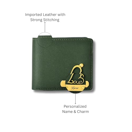 Image of Thebaegift Men's Personalized Wallet I Customized Slim Stylish Leather Purse with Name & Charm I Unique Birthday Gift for Men Boy Love Husband Employees Clients (Olive Green IMP)