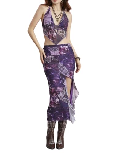 Image of Verdusa Women's 2 Piece Boho Skirt Sets Going Out Backless Halter Top with Split Skirt Rave Festival Outfits Western Clothes
