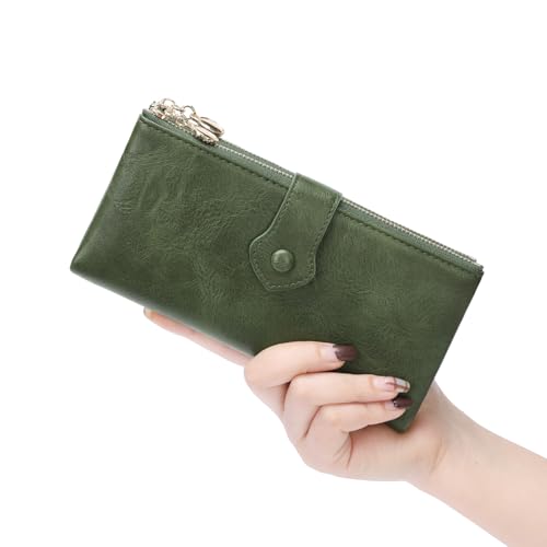 Image of GOIACII Wallet for Women Ladies Wallets Double Zippers Clutch Purse Green | Bifold Ladies Card Holder,Zipper Pockets,Ladies Wallets,Vintage Wallets for Women