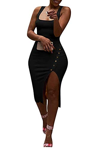 Remelon Womens Midi Dress With Slit Rib Bodycon Tank Dress Buttons Summer Casual Sleeveless Dresses Black #TOP28