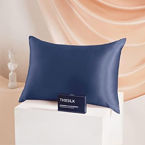 THXSILK 25 Momme Silk Pillowcase for Hair and Skin, Mulberry Silk Pillow Case, Hypoallergenic with Hidden Zip, Pure Silk on Both Sides (Luxury Dark Blue, 40 x 60 cm) Cover