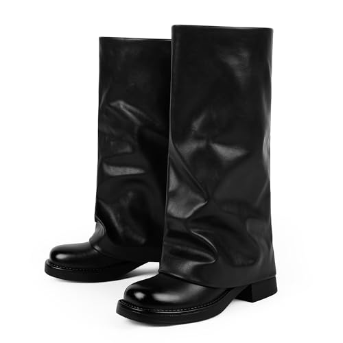 Image of Knee High Boots Women Fold Over Boots Chunky Heel Pointed Toe Tall Boots | Fashion Slouchy Boots,Side Zipper Shark Boots,Fall Spring Winter Fashion Dress Tall Boots,Evening Bridal office Long Boots