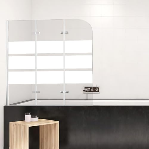 Peviasot Duschwand für Badewanne 120x140 cm, 3-teilig Faltbare, Glas Duschtrennwand aus 6 mm ESG Sicherheitsglas, Badewannenaufsatz mit Weiße Streifen, Platzsparender Spritzschutz fürs Bad