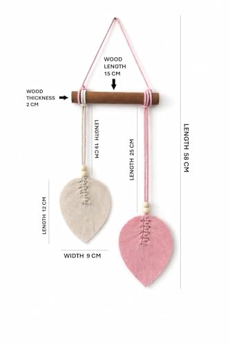 Image of AdFashionble Boho Macrame Wall Hanging Leaf Decor for Home, Living Room & Bedroom | Cotton Thread Art with Wooden Rod | Minimalist Handmade Wall Decoration | Aesthetic Nordic Wall Art for Home, Office & Gift Purpose Lenght- 58 cm Width- 15 cm (PASTEL PINK & OFFWHITE)