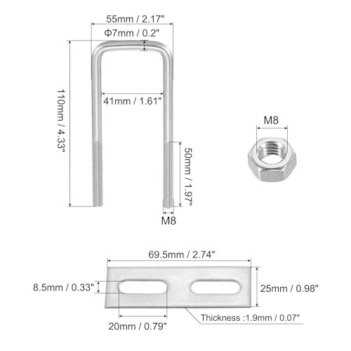 Image of PATIKIL M8x40x110mm Square U-Bolts Kit, 2Set 304 Stainless Steel Square U Shaped Bolts Replacement Parts with Frame Plates and Nuts for Ski Board Sailboat Trailer