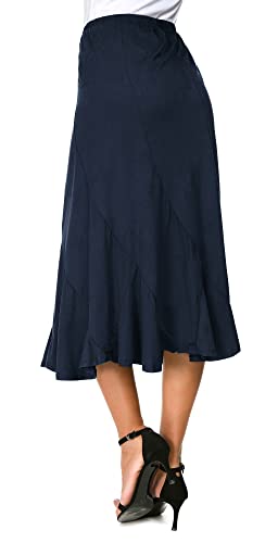 Exchic Women's Elegant Ankle Length Ruffle Hem Elastic Waist Midi Skirt (L, Indigo Blue) #TOP2