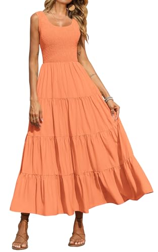 PRETTYGARDEN Women's 2026 Spring Bohemian Tank Tiered Maxi Dress Sleeveless Smocked Ruffle Tiered Beach Maxi Sun Dress (Orange,Large)