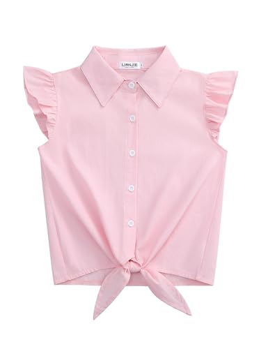 Image of Girls Sleeveless Plaid Button Down Shirt Summer Crop Tops Tie Knot Ruffle Sleeve Shirt Blouse 3-12Y