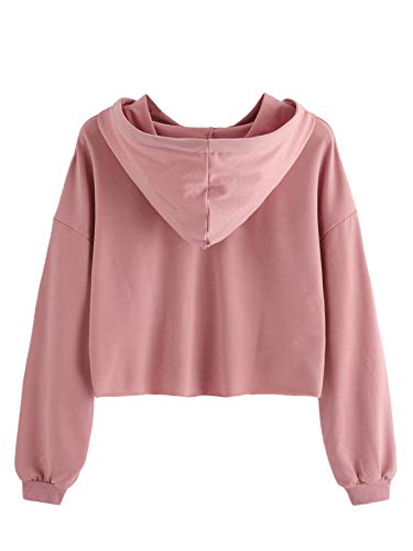 Romwe Women's Women's Letter Print Sweatshirt Raw Hem Drawstring Crop T op Hoodie Pink# M