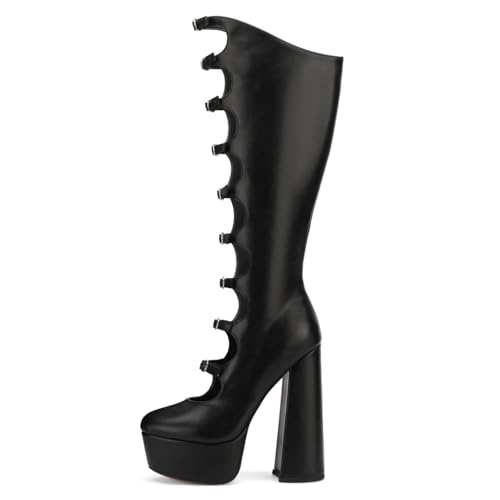FancyQueen Black Platform Boots Gothic Boots for Women, Knee High Chunky Platform Heels, Black Lolita Buckle Block Heels, Punk Combat Mid Calf Shoes — view 6