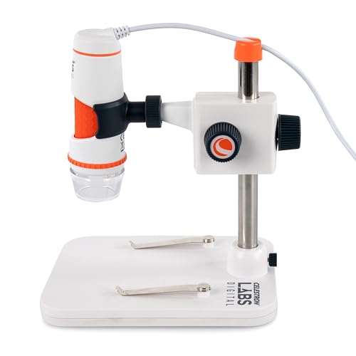 Image of Celestron Labs Digital 5MP Handheld Microscope - Adjustable Focus - 20x-200x Magnification - Compatible with Windows, Mac - Great for Educators, Hobbyists, & Professional - Captures Images & Movies | 8 Adjustable LED Ring, One-Touch Snapshot Button. • Includes Adjustable Stand, Calibration Ruler
