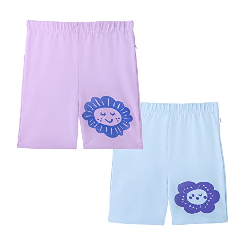 Image of YouGotPlanB Girl's Flower Face Purple & Blue Cycling Shorts | Slim fit | Cotton Blended | High Waist | Printed Above Knee Shorts | No-Mark Elastic | Breathable & Stretchy