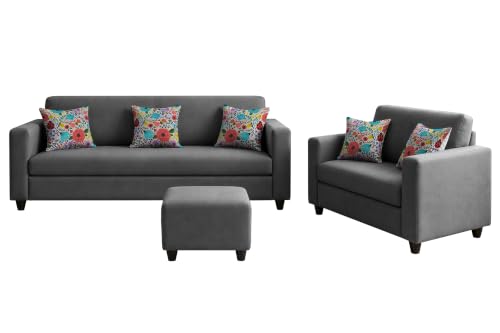 Image of Rosebell 3+2 Fabric Sofa Set with Ottoman | Premium Upholstery 5-Seater Sofa | with Printed Cushions | Living Room Furniture |Grey-Color