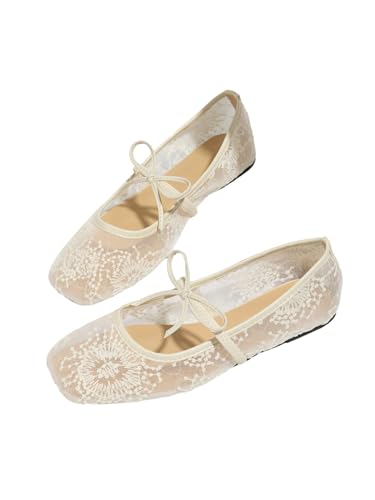 BEAUDRM Womens Polka Dots Mesh Ballet Flats Bowknot Pointed Toe Ballerina Flats Closed Toe Comfortable Casual Work Shoes White 11