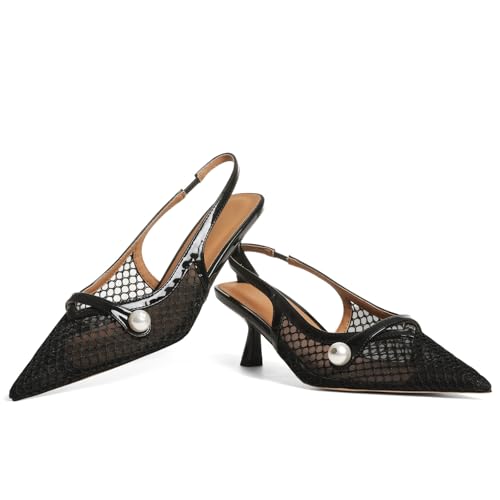 Kalstage Women’s Mesh Slingback Kitten Heels Pointed Toe Pumps Low Heel Black Lace Pearl Shoes Ankle Elastic Band Stilettos for Wedding Office Party3
