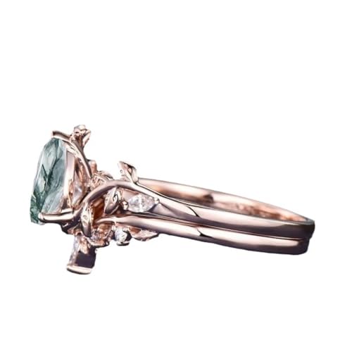 Natural Moss Agate Ring Set - S925 10K/14K/18K Gold Unique Moss Agate and Moissanite Engagement Rings for Women Promise Wedding Bridal Set Free Engraving2