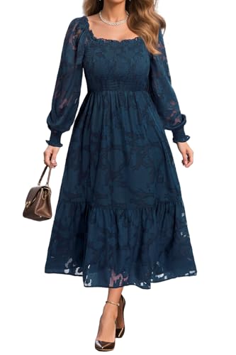 Women's Plus Size Fall Dress - Wedding Guest Long Sleeve Floral Lace Aline Flowy Midi Dress