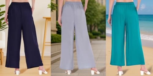 Image of Buy That Trendz Palazzo Pants for Women Rayon Elasticated Regular Fit Flared Wide Leg M to 6XL Pack of 3