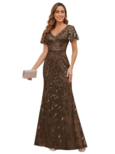 JKMMYO Sequin Lace Mother of The Bride Dresses Short Sleeve Brown V Neck Floor Length Formal Wedding Guest Dress Size 6