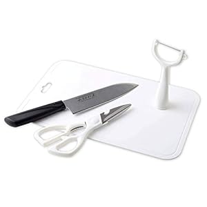 Ernest A-65694 Santoku Knife with Patented Technology (Tanoku Knife) + Cutting Board, Kitchen Scissors, Standing Peeler, 4-Piece Set, A Brand Used by Major Restaurants