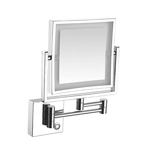 Espejo de maquillaje montado en la pared con aumento de 1x/3x, brazo extensible, giro de 360° y lámpara integrada para mujer