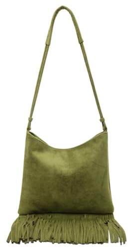 Women Retro Suede Leather Shoulder Bag Slouchy Fringe Crossbody Handbag Medium Hobo Tote Satchel Lightweight Purse