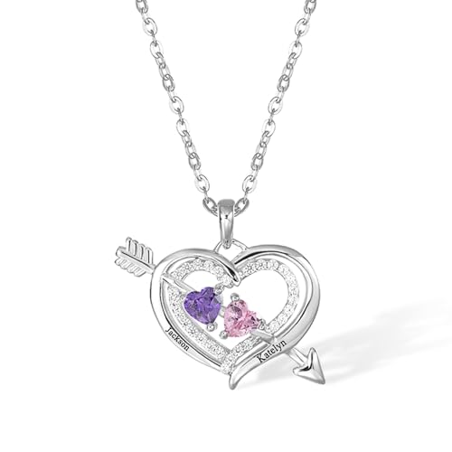 callie Personalized Heart Arrow 925 Sterling Silver Necklace for Women, Custom 2 Birthstones & Names Pendant, Birthday Valentine's Day Anniversary Jewelry Gift for Her