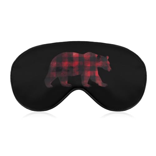 Red and Black Plaid Bear Sleep Mask Eye Shade Cover Adjustable Strap for Travel Lunch Break Women Men