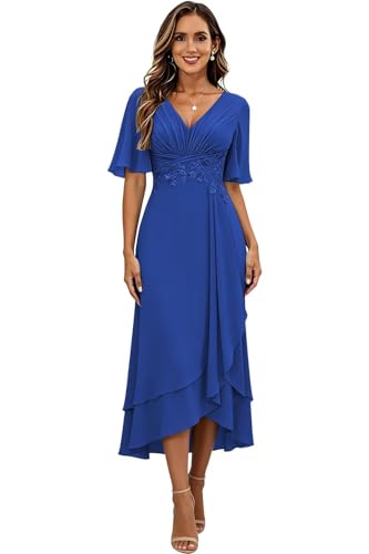 Image of Lace Applique Mother of Bride Dresses Chiffon Mother of the Groom Dresses Tea Length Formal Evening Dress with Sleeve