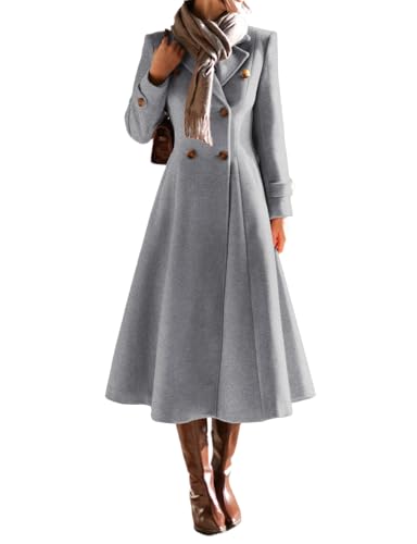 Image of IDEALSANXUN Long Wool Coat for Women 2025 Fall Winter Double Breasted Trench Coat Coatigan Peacoat Maxi Dress Jackets, Grey, M